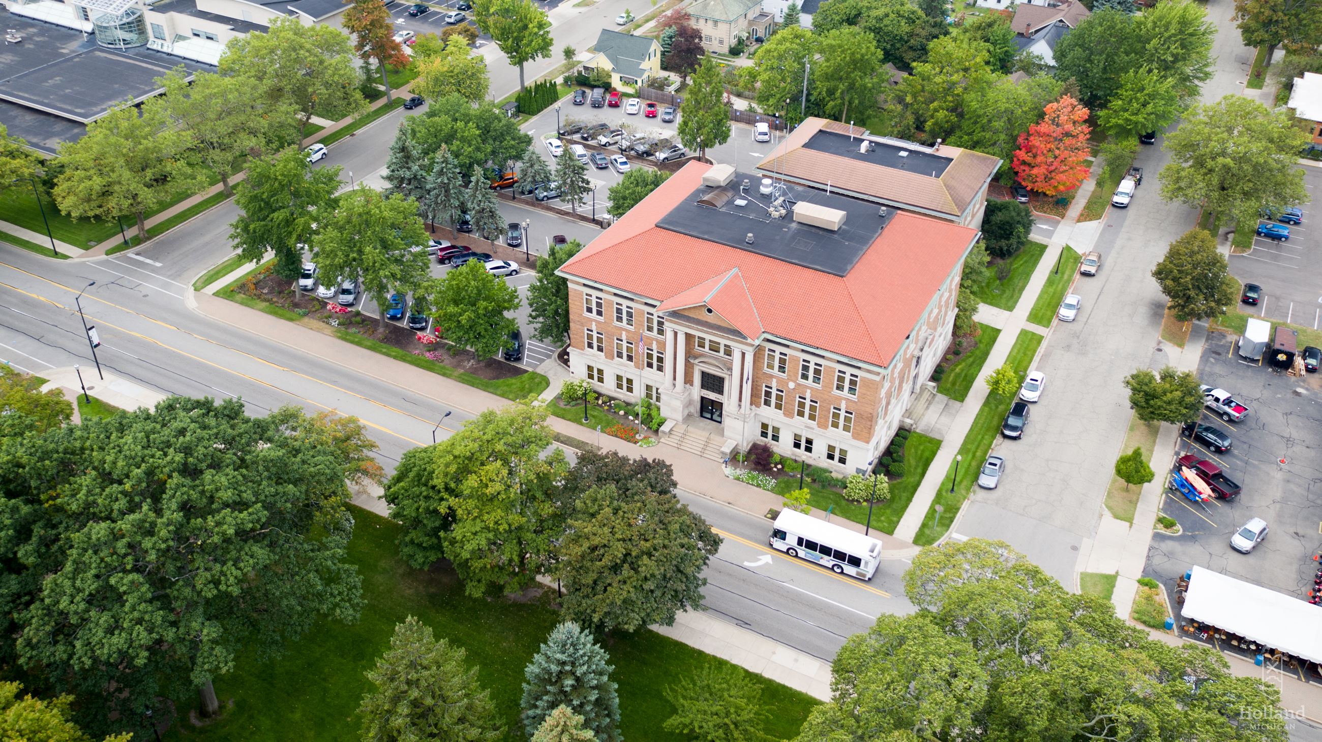 Ariel view of Holland City Hall in summer