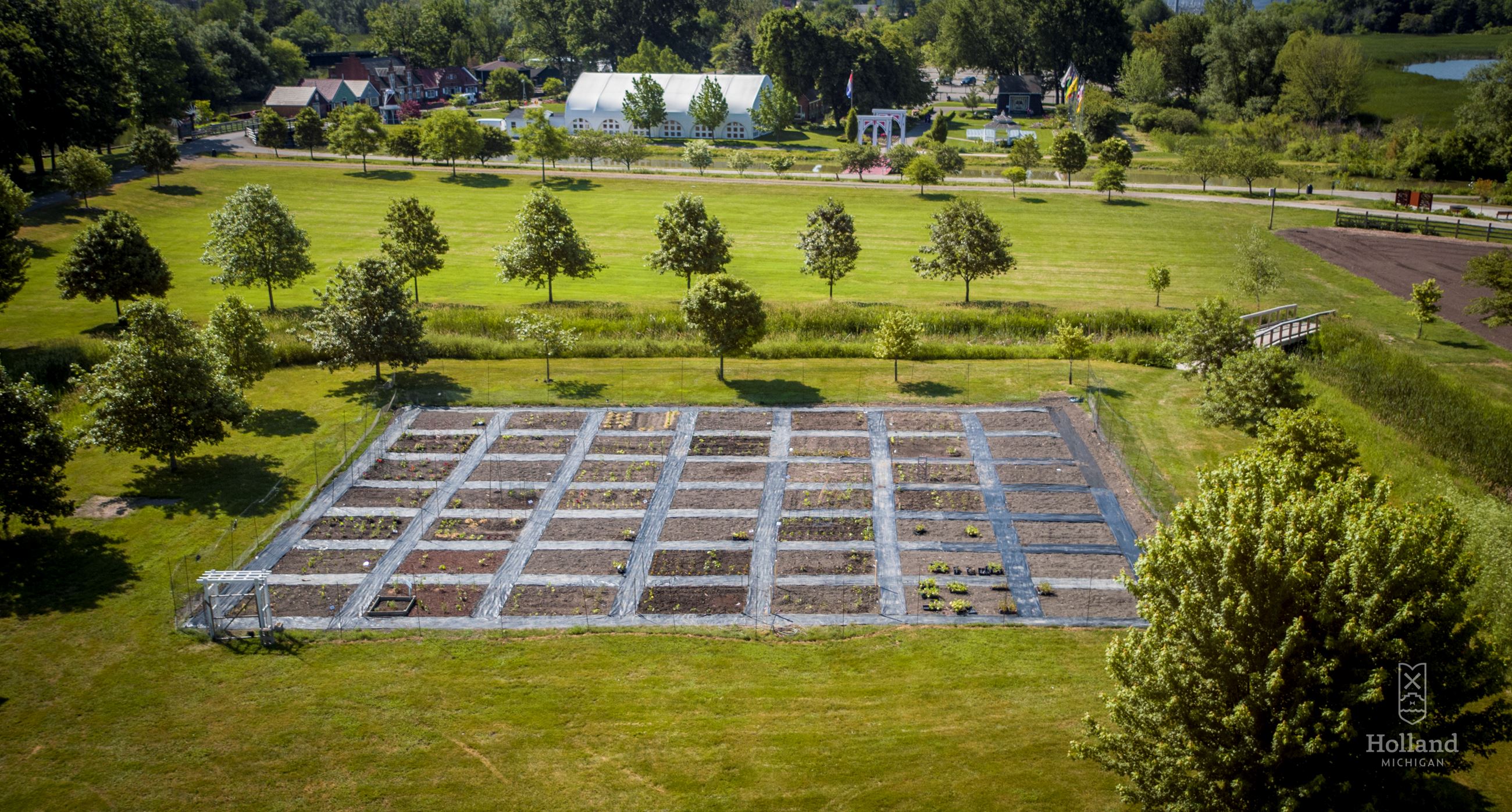Fresh garden plots in a grid pattern on a field of green, with no plants growing yet