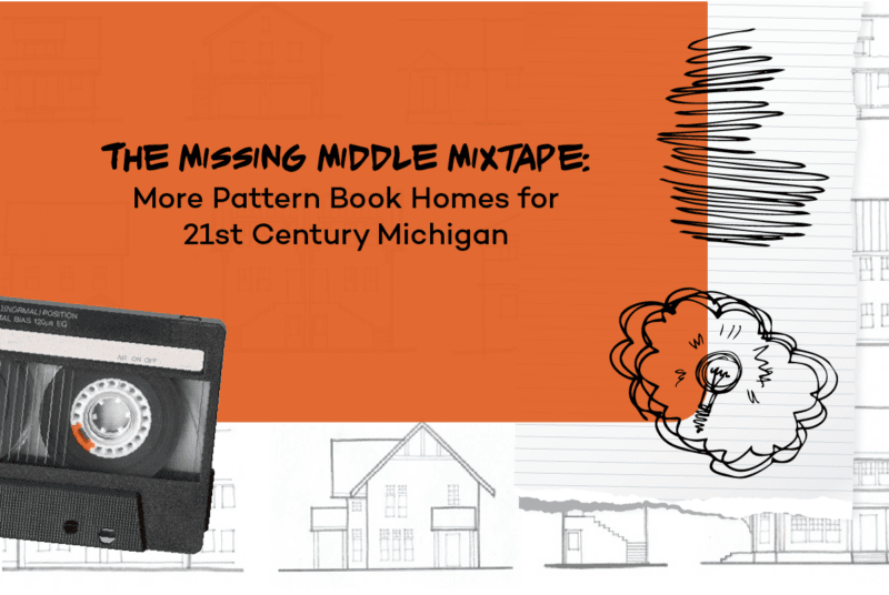 Cassette tape on orange box with house sketches behind it
