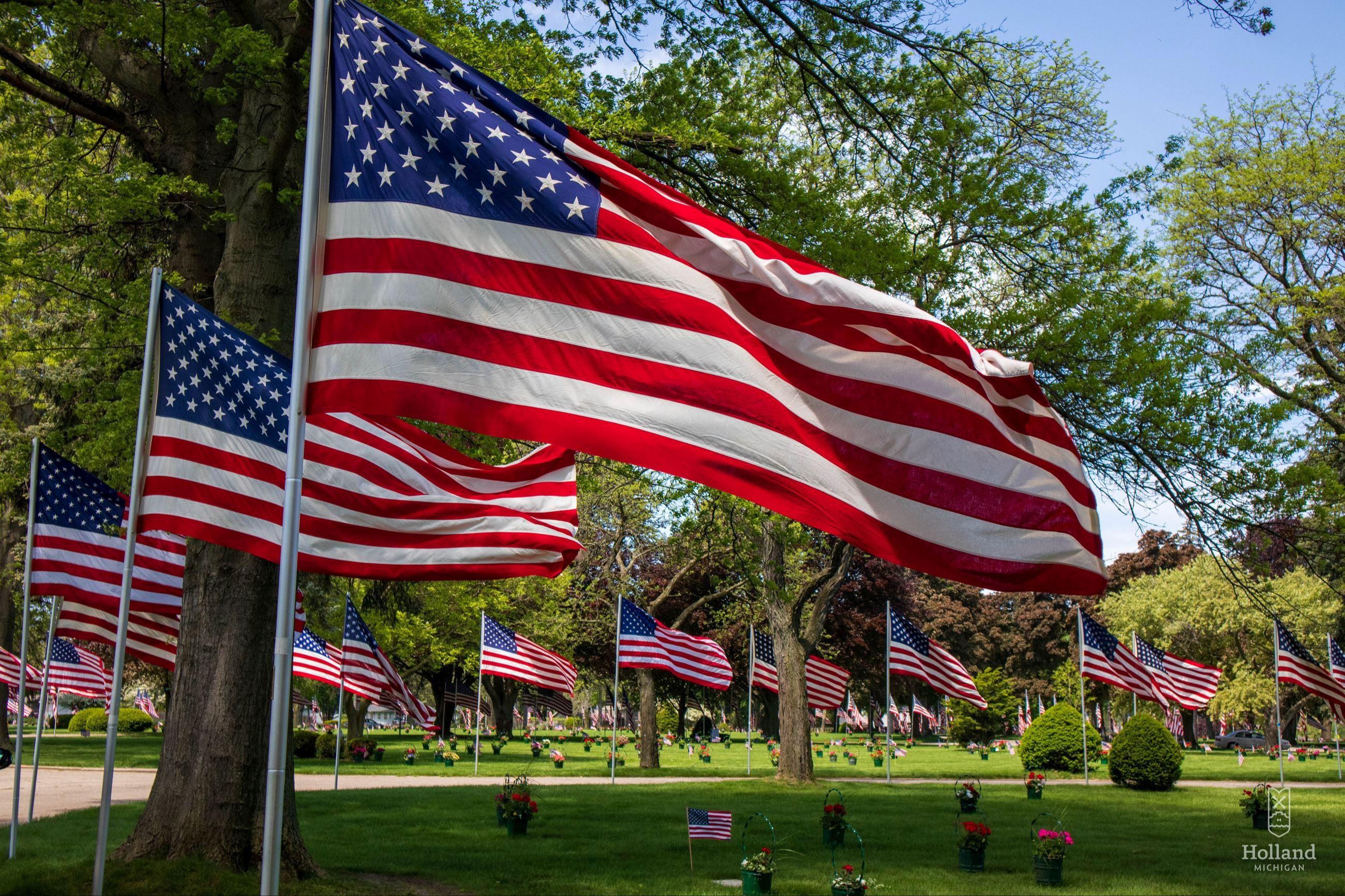 American flags staked in the ground at a cemetery 