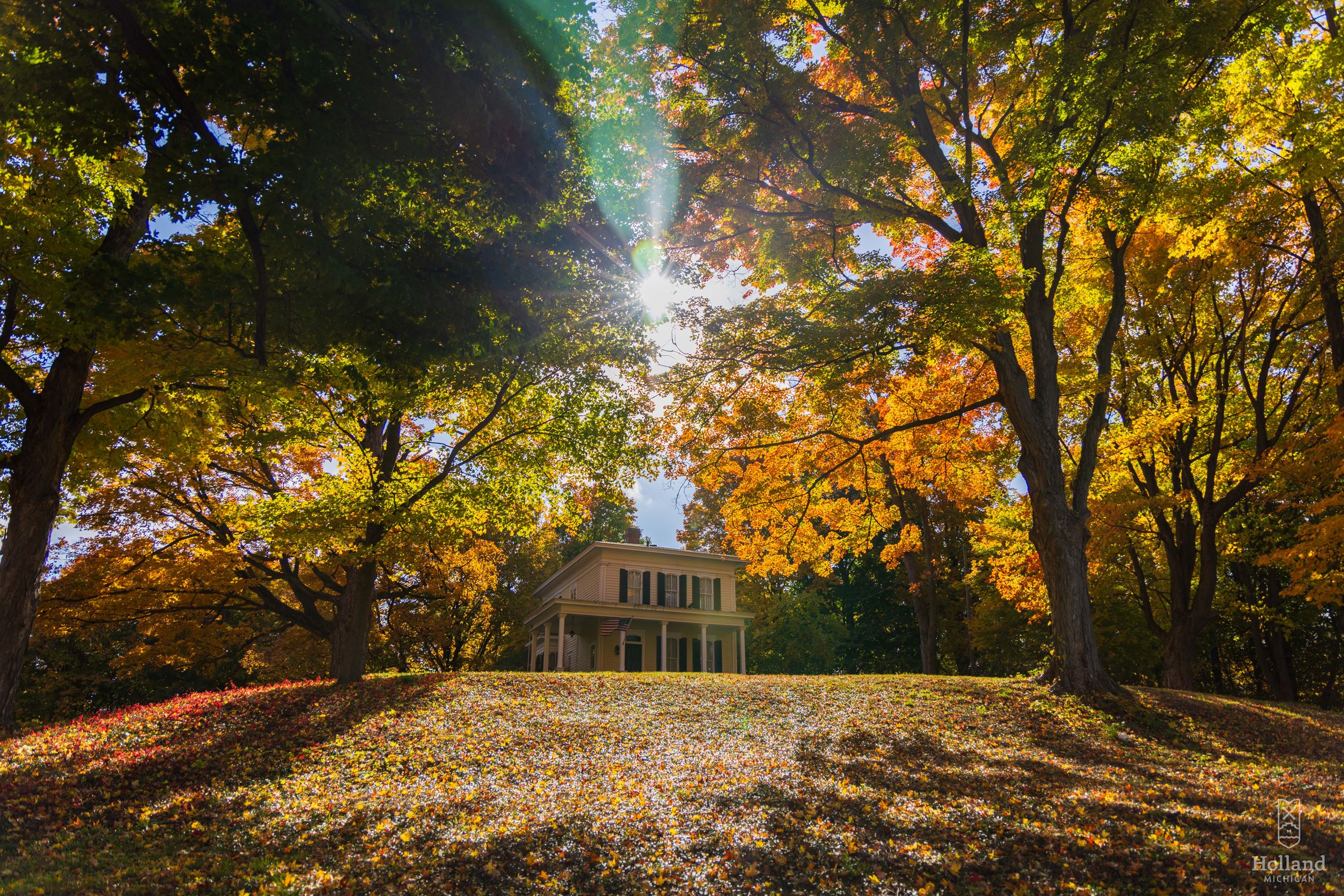 Autumn Trees in a park with a historical house in the background
