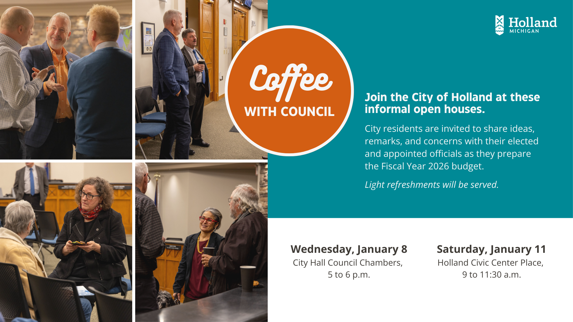 Coffee with Council flyer, four photos of adults engaged in casual converstation