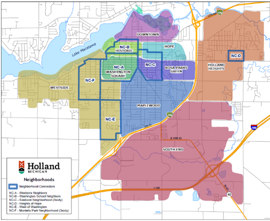 Map of the City of Holland showing neighborhood areas.